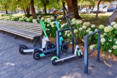 Budapest, Hungary - July 04, 2022: Electric scooter in Tours Budapest. Electric scooter at  Budapest city.