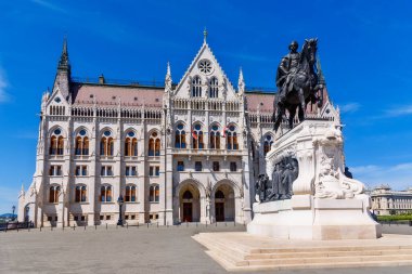 Budapest, Hungary - July 04, 2022: Statue of Gyula Andrassy. This statue is located in Kossuth Square, near the front of the Parliament Building.