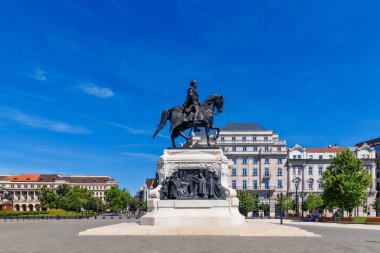 Budapest, Hungary - July 04, 2022: Statue of Gyula Andrassy. This statue is located in Kossuth Square, near the front of the Parliament Building.