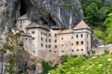 Predjama, Slovenya - 27 Haziran 203: Slovenya, Avrupa 'daki Predjama Şatosu. Güney Slovenya 'da bir mağara ağzı içine inşa edilen Rönesans kalesi.