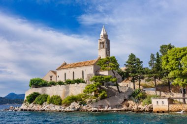 Lopud, Hırvatistan - 09 Ağustos 2023: Spilice, Lopud Kilisesi, Elaphiti Adaları, Hırvatistan