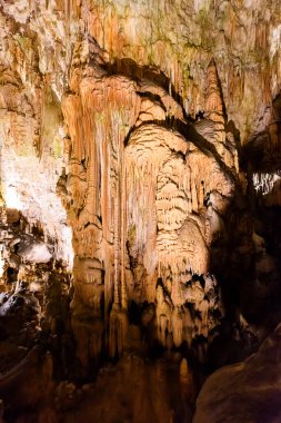 Postojna, Slovenya - 27 Haziran 2023: Slovenya 'nın en çok ziyaret edilen mağarası olan Postojna mağarasını keşfetmek. Binlerce dikit ve sarkıt.