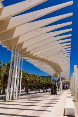 Malaga, İspanya - 06 Ağustos 2024: Palmeral de las Sorpresas limanında geziniyor. Malaga, Endülüs