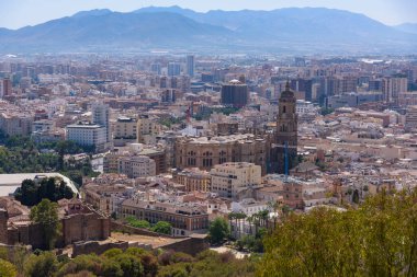 Malaga, İspanya - 06 Ağustos 2024: Malaga Katedrali ve Enkarnasyon Katedrali, Endülüs 'ün Malaga kentindeki Gibralfaro Kalesi' nden. İspanya