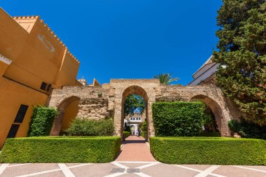 Sevilla, İspanya - 01 Ağustos 2024: Royal Palace 'daki Patio de las Doncellas, Seville, Endülüs, İspanya' daki Real Alcazar (1360 yılında inşa edildi). Sevilla Kraliyet Alczar 'ı