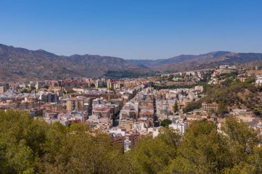 Malaga, İspanya - 06 Ağustos 2024: Malaga Katedrali ve Enkarnasyon Katedrali, Endülüs 'ün Malaga kentindeki Gibralfaro Kalesi' nden. İspanya