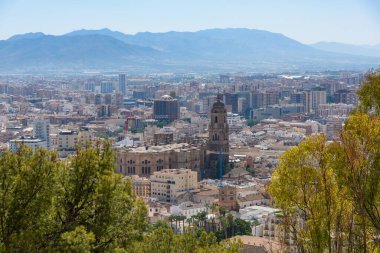 Malaga, İspanya - 06 Ağustos 2024: Malaga Katedrali ve Enkarnasyon Katedrali, Endülüs 'ün Malaga kentindeki Gibralfaro Kalesi' nden. İspanya