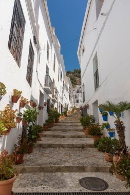 Frigiliana, İspanya - 07 Ağustos 2024: Frigiliana, Endülüs, İspanya. Frigiliana 'nın pitoresk kasabası.