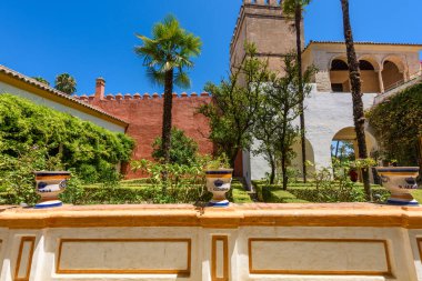 Sevilla, İspanya - 01 Ağustos 2024: Royal Palace 'daki Patio de las Doncellas, Seville, Endülüs, İspanya' daki Real Alcazar (1360 yılında inşa edildi). Sevilla 'nın Alcazar' ı, resmi adı Sevilla Kraliyet Alcazar 'ı.,