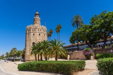 Seville, İspanya - 01 Ağustos 2024: Sevilla 'daki Torre del Oro Altın Kulesi 