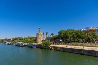 Seville, İspanya - 01 Ağustos 2024: Sevilla 'daki Torre del Oro Altın Kulesi 