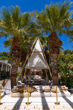 Malaga, İspanya - 06 Ağustos 2024: Palmeral de las Sorpresas limanında geziniyor. Malaga, Endülüs