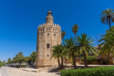 Seville, İspanya - 01 Ağustos 2024: Sevilla 'daki Torre del Oro Altın Kulesi 