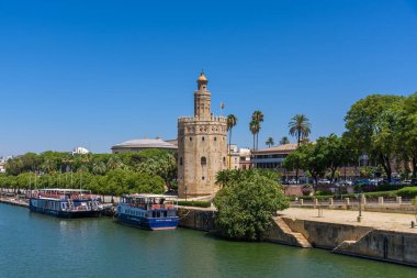 Seville, İspanya - 01 Ağustos 2024: Sevilla 'daki Torre del Oro Altın Kulesi 