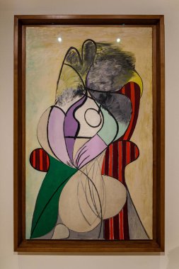 Malaga, İspanya - 06 Ağustos 2024: Pablo Picasso Müzesi, Malaga, İspanya. İspanya 'nın Malaga kentindeki Picasso müzesini ziyaret ediyorum. Picasso Müzesi 'nden sanat resimleri.
