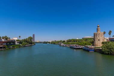 Seville, İspanya - 01 Ağustos 2024: Sevilla 'daki Torre del Oro Altın Kulesi 