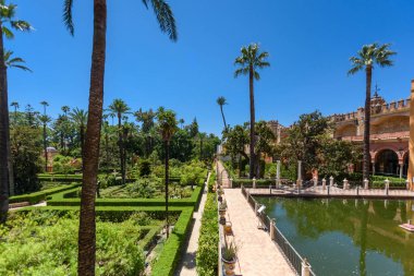 Sevilla, İspanya - 01 Ağustos 2024: Royal Palace 'daki Patio de las Doncellas, Seville, Endülüs, İspanya' daki Real Alcazar (1360 yılında inşa edildi). Sevilla 'nın Alczar' ı, resmi adı Sevilla Kraliyet Alczar 'ı.,