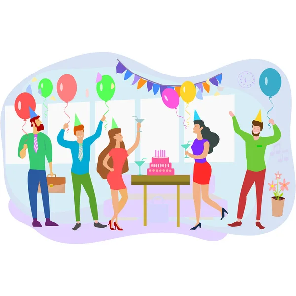 Щасливі Люди Розважаються Офісних Вечірках Захоплені Офісні Дівчата Хлопці Святкують — стоковий вектор