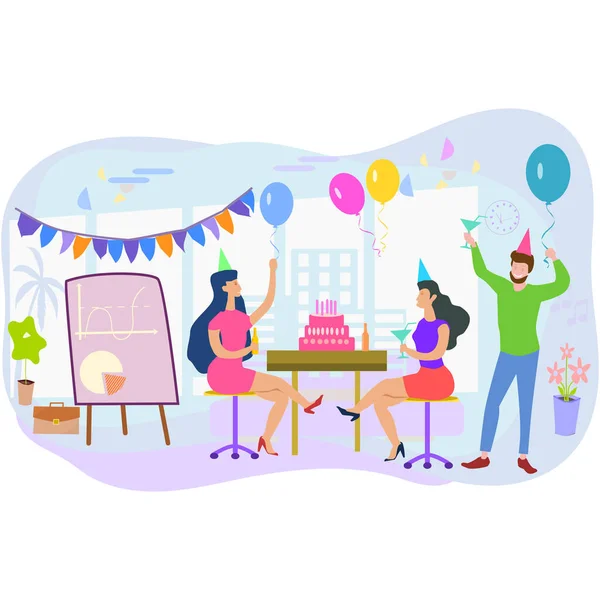 Щасливі Люди Розважаються Офісних Вечірках Захоплені Офісні Дівчата Хлопці Святкують — стоковий вектор