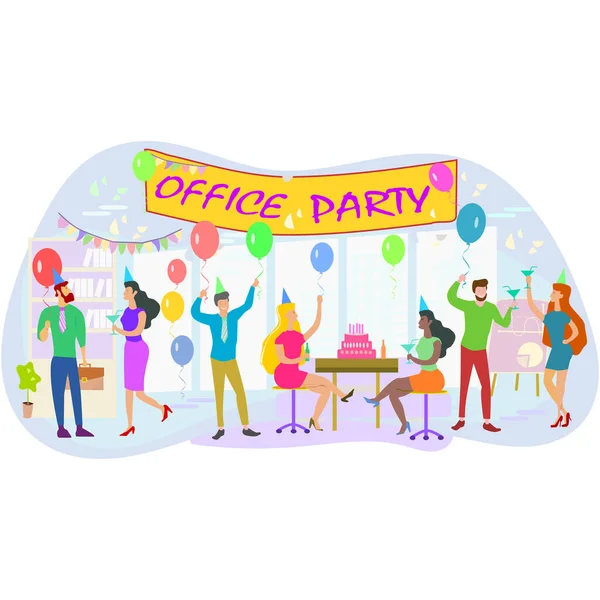 stock vector Happy people having fun at office party. Excited office girls and guys celebrating success together.Corporate party, team building activity, corporate event idea concept.