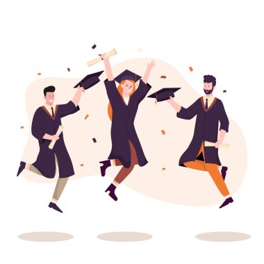 İnsanlar üniversiteden, üniversiteden ya da liseden mezun olmayı kutluyorlar. Web siteleri, iniş sayfaları, mobil uygulamalar, posterler ve afişler için illüstrasyon. Moda düz vektör illüstrasyonu