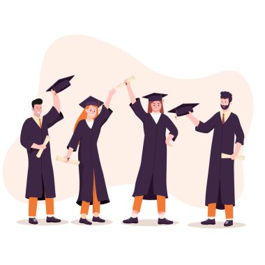 Üniversiteden mezun olan insanların vektör illüstrasyonu. Web siteleri, iniş sayfaları, mobil uygulamalar, posterler ve afişler için illüstrasyon. Moda düz vektör illüstrasyonu