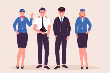 Vektör pilot ve uçuş görevlisi koleksiyonu. Web sitesi için resim, iniş sayfası, mobil uygulama, poster ve afiş. Moda düz vektör illüstrasyonu