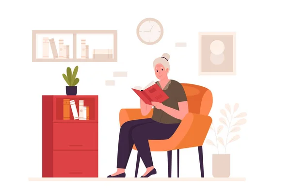 Granny Reading Book Couch Illustration Websites Landing Pages Mobile Apps — Stock Vector