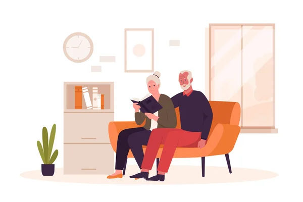 Grand Père Grand Mère Lisant Livre Sur Canapé Illustration Pour — Image vectorielle