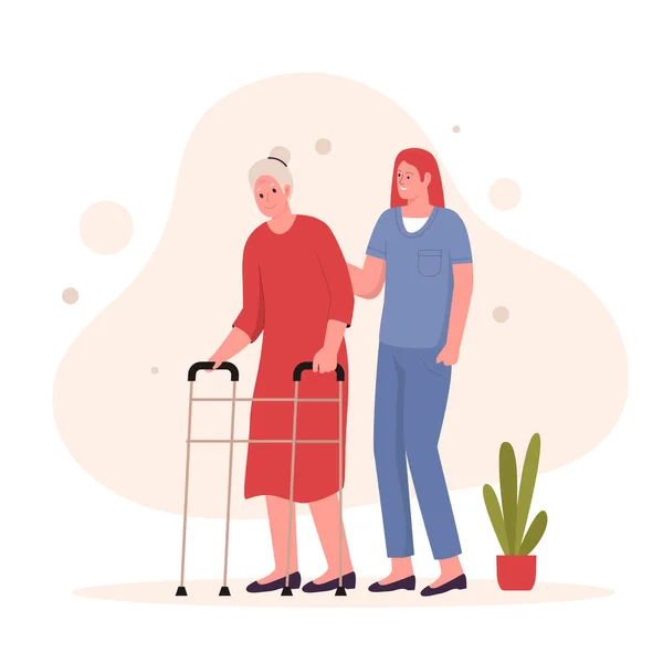 할머니가 병간호하는 과걷는 모습의 디자인 사이트 페이지 모바일 포스터 깃발을 — 스톡 벡터