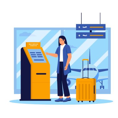 Havaalanı terminalindeki otomatik makineden kadın kendini kontrol ediyor. Web sitesi için resim, iniş sayfası, mobil uygulama, poster ve afiş. Moda düz vektör illüstrasyonu