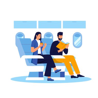 Uçaktaki yolcuların düz tasarımı. Web sitesi için resim, iniş sayfası, mobil uygulama, poster ve afiş. Moda düz vektör illüstrasyonu