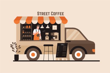 Kahve kamyonu kafesinin baristayla olan illüstrasyonu. Web sitesi için resim, iniş sayfası, mobil uygulama, poster ve afiş. Moda düz vektör illüstrasyonu