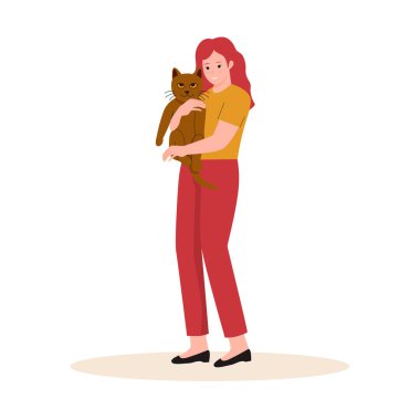 Woman hugging her pet cat. illustration for website, landing page, mobile app, poster and banner. Trendy flat vector illustration
