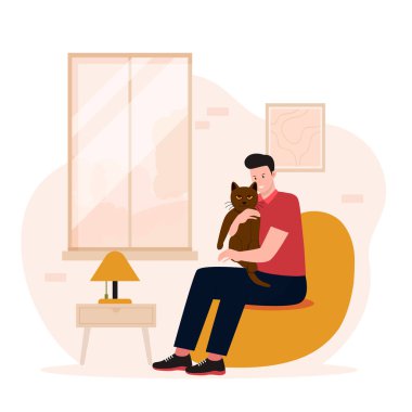Man hugging her pet cat. illustration for website, landing page, mobile app, poster and banner. Trendy flat vector illustration