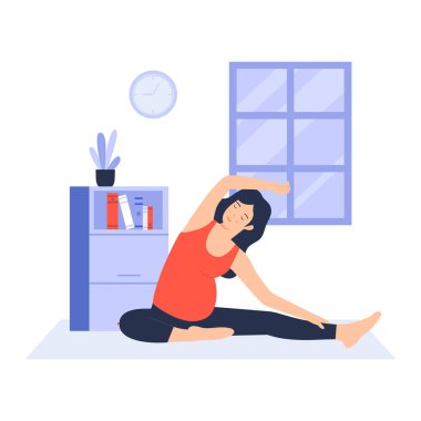 Flat design of pregnant woman practicing yoga at home. Illustration for websites, landing pages, mobile apps, posters and banners. Trendy flat vector illustration