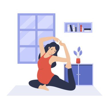 Flat design of pregnant woman practicing yoga at home. Illustration for websites, landing pages, mobile apps, posters and banners. Trendy flat vector illustration