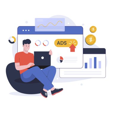 Tıklama başına ödeme stratejisinin düz tasarımı. Web siteleri, iniş sayfaları, mobil uygulamalar, posterler ve afişler için resim. Moda düz vektör illüstrasyonu