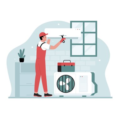 Klima tamiri illüstrasyonu. Web siteleri, iniş sayfaları, mobil uygulamalar, posterler ve afişler için resim. Moda düz vektör illüstrasyonu