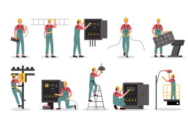 Elektrik işçilerinin vektör illüstrasyon seti. Web sitesi için resim, iniş sayfası, mobil uygulama, poster ve afiş. Moda düz vektör illüstrasyonu