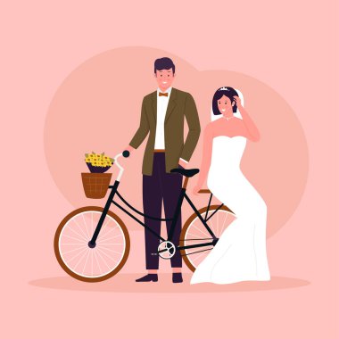 Bisikletli bir çiftin düz tasarımı. Web sitesi için resim, iniş sayfası, mobil uygulama, poster ve afiş. Moda düz vektör illüstrasyonu
