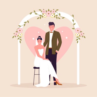 Düğündeki düz vektör insanlar. Web sitesi için resim, iniş sayfası, mobil uygulama, poster ve afiş. Moda düz vektör illüstrasyonu