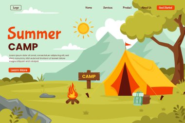 Yaz kampı illüstrasyon iniş sayfası konsepti. Web sitesi için resim, iniş sayfası, mobil uygulama, poster ve afiş. Moda düz vektör illüstrasyonu