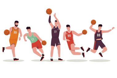 Basketbolcu vektör çizim seti. Web sitesi için resim, iniş sayfası, mobil uygulama, poster ve afiş. Moda düz vektör illüstrasyonu