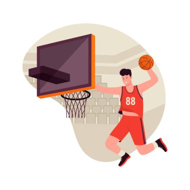 Basketbolcu zıplayan illüstrasyon konsepti. Web sitesi için resim, iniş sayfası, mobil uygulama, poster ve afiş. Moda düz vektör illüstrasyonu