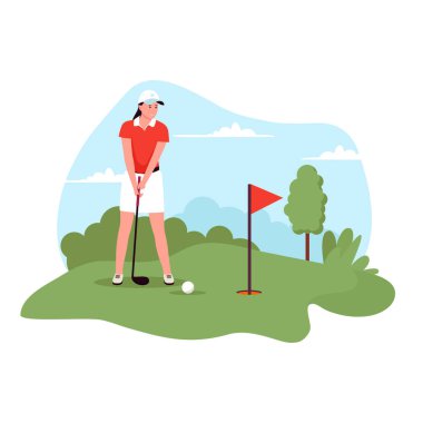 Golf oynayan kadınların düz tasarımı. Web sitesi için resim, iniş sayfası, mobil uygulama, poster ve afiş. Moda düz vektör illüstrasyonu