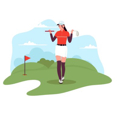 Golf oynayan kadınların düz tasarımı. Web sitesi için resim, iniş sayfası, mobil uygulama, poster ve afiş. Moda düz vektör illüstrasyonu