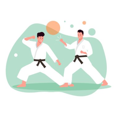 Karate yapan sporcuların düz tasarımı. Web sitesi için resim, iniş sayfası, mobil uygulama, poster ve afiş. Moda düz vektör illüstrasyonu