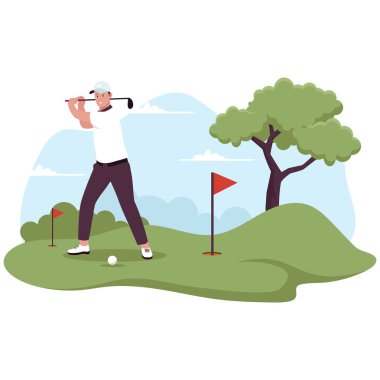 Golf oynayan adamın düz tasarımı. Web sitesi için resim, iniş sayfası, mobil uygulama, poster ve afiş. Moda düz vektör illüstrasyonu