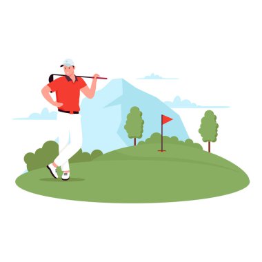 Golf oynayan adamın düz tasarımı. Web sitesi için resim, iniş sayfası, mobil uygulama, poster ve afiş. Moda düz vektör illüstrasyonu